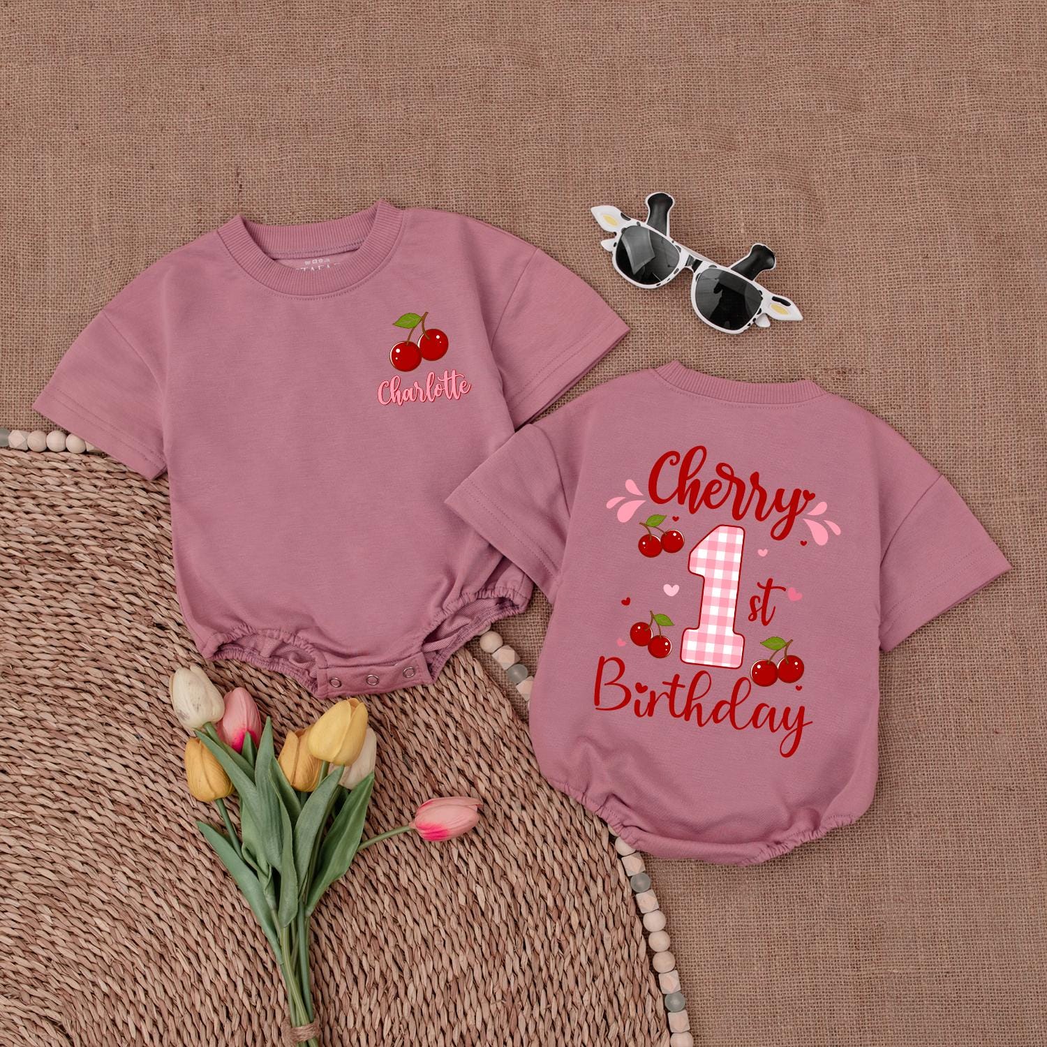Personalized Cherry First Birthday Girl Bubble Romper, Sweet One Outfit Baby Bodysuit, Baby Shower Gift for 1st Birthday