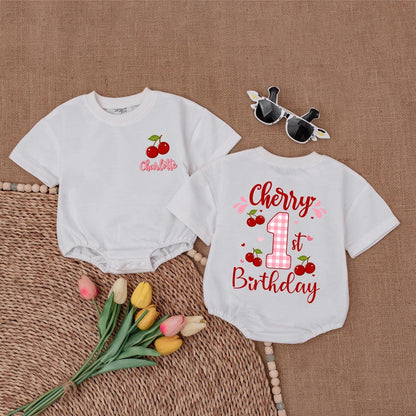 Personalized Cherry First Birthday Girl Bubble Romper, Sweet One Outfit Baby Bodysuit, Baby Shower Gift for 1st Birthday