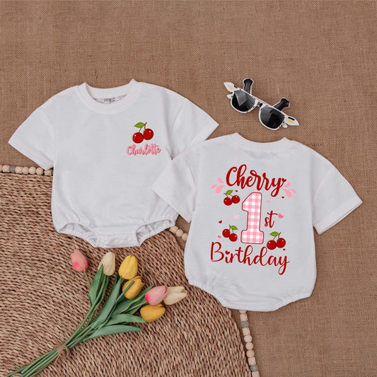 Personalized Cherry First Birthday Girl Bubble Romper, Sweet One Outfit Baby Bodysuit, Baby Shower Gift for 1st Birthday