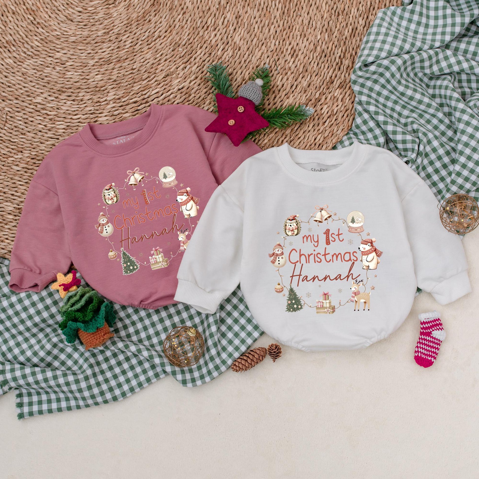 Custom My First Christmas Baby Romper Outfit - Merry Xmas Baby Bodysuit - 1st Christmas Gift for Baby Girl or Boy - Xmas Clothes