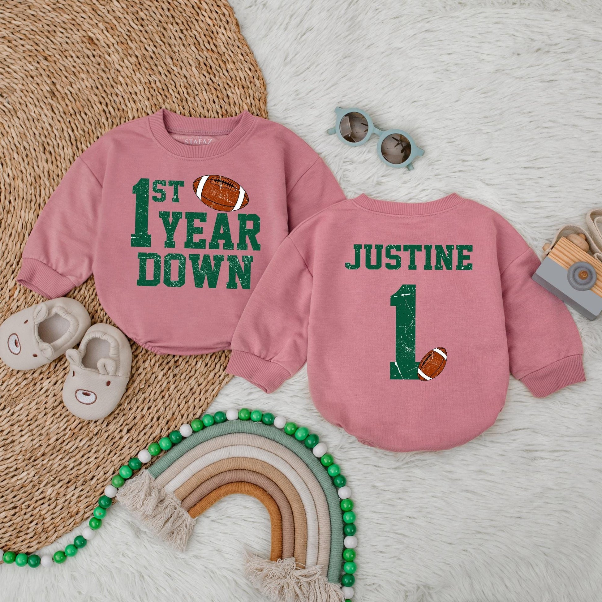 Personalized Football 1st Birthday Bubble Romper Touchdown One First Year Down Soft Cotton Baby Boy Bodysuit Outfit