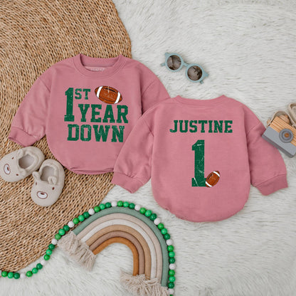 Personalized Football 1st Birthday Bubble Romper Touchdown One First Year Down Soft Cotton Baby Boy Bodysuit Outfit