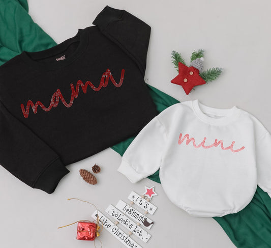 Sparkly Mama and Mini Sequin Sweatshirt Set - Matching Mom & Baby Bling Outfits, Christmas Glitter Family Romper Gift - Merry Mini Holiday Style