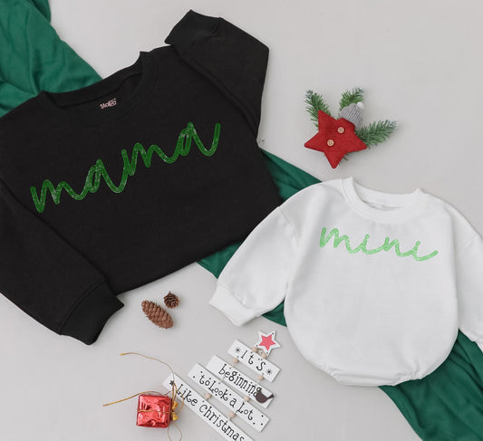 Sparkly Mama Mini Sweatshirt Set Glitter Green Cursive Matching Mother Daughter Outfits Cute Family Holiday Celebration Gift