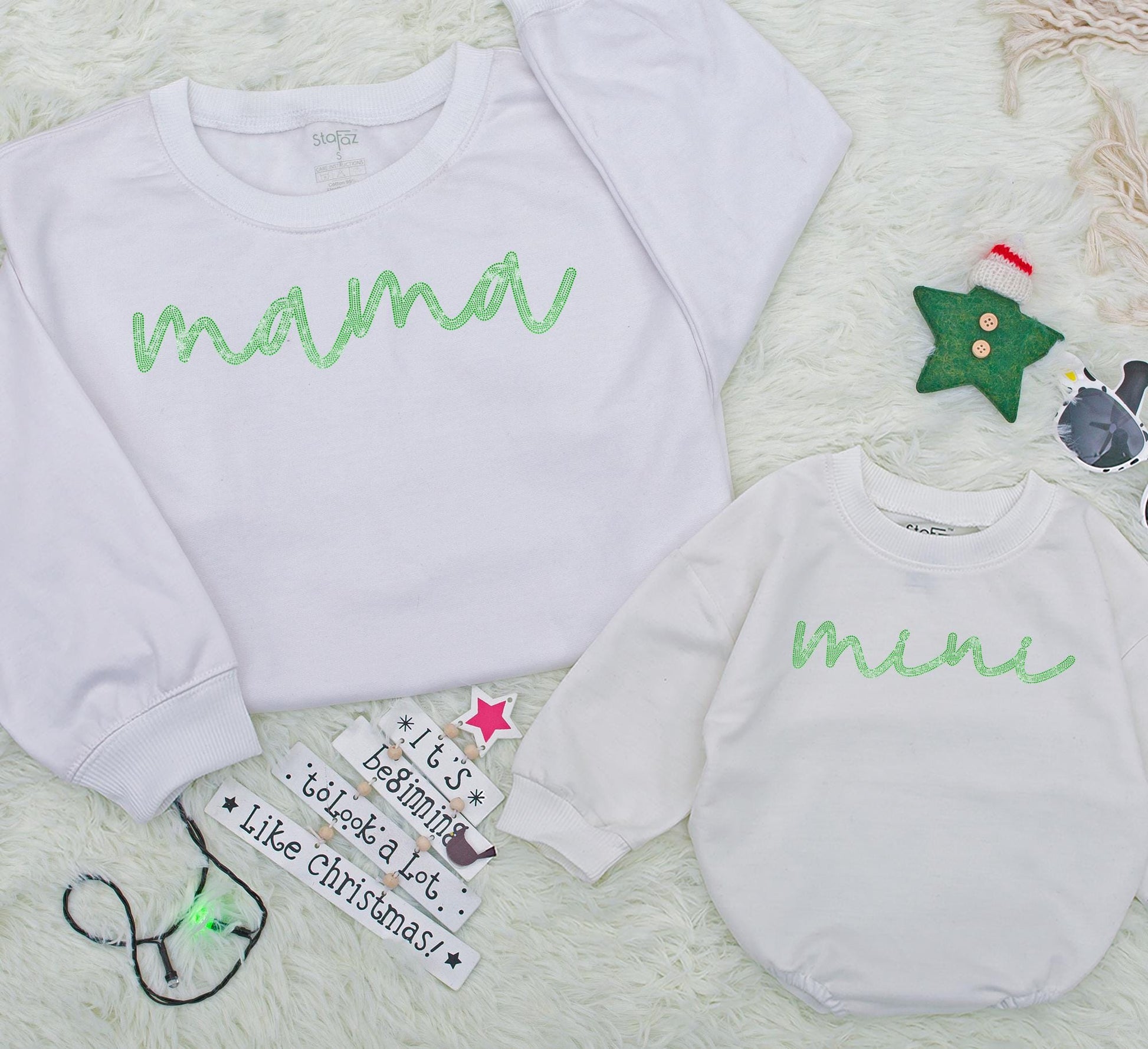 Sparkly Mama Mini Sweatshirt Set Glitter Green Cursive Matching Mother Daughter Outfits Cute Family Holiday Celebration Gift