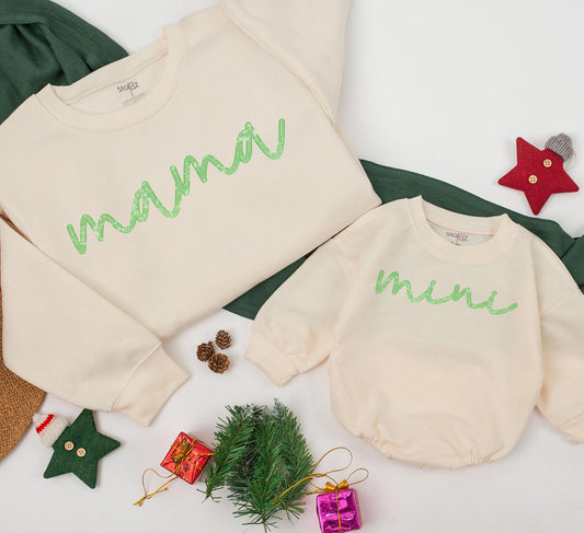 Sparkly Mama Mini Sweatshirt Set Glitter Green Cursive Matching Mother Daughter Outfits Cute Family Holiday Celebration Gift