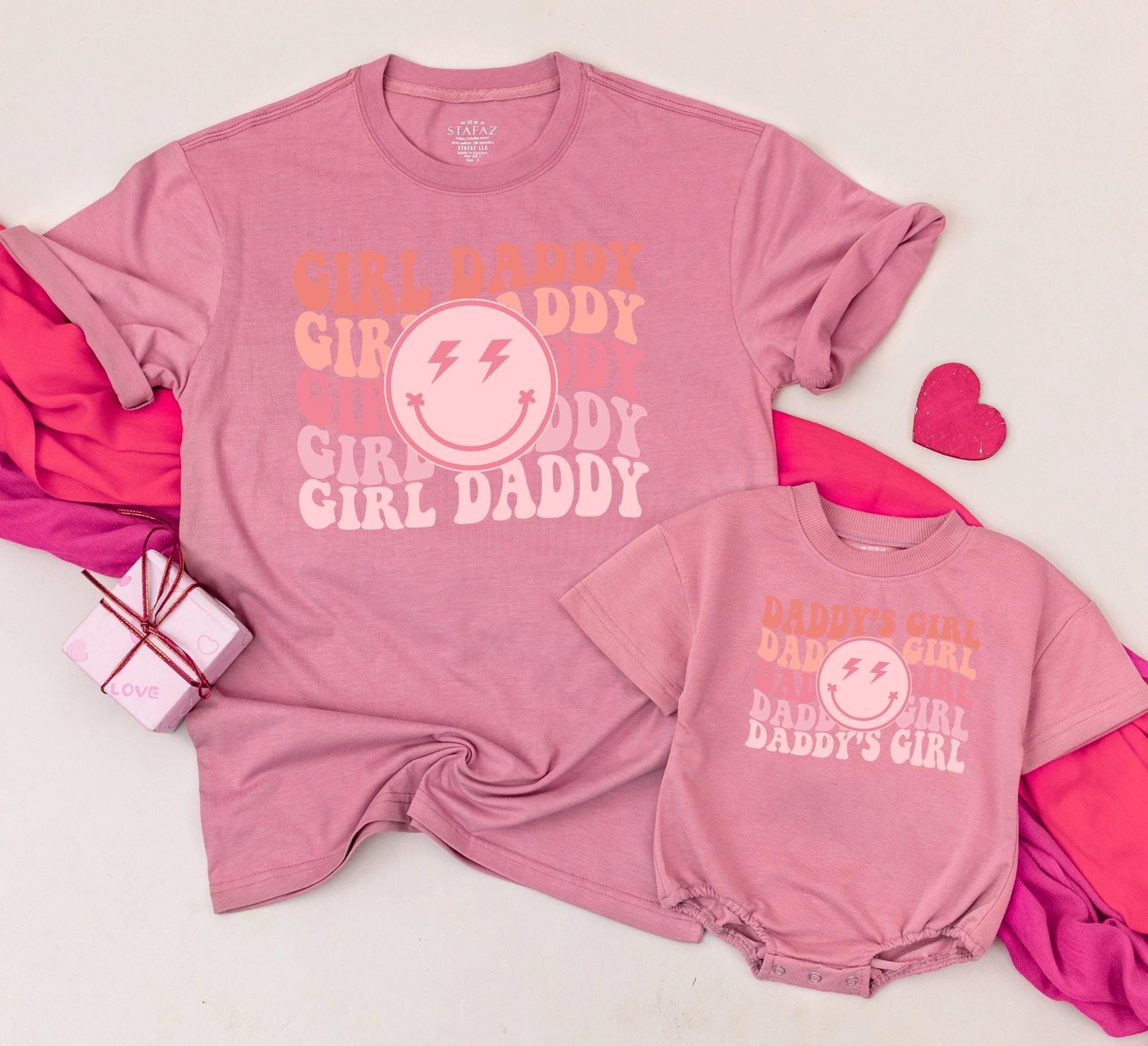 Girl Daddy & Daddy's Girl Retro Matching Shirts Pink Coral Gradient Smiley Face Father Daughter Outfits Daughter Gifts New Dad Outfits