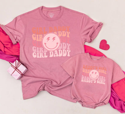 Girl Daddy & Daddy's Girl Retro Matching Shirts Pink Coral Gradient Smiley Face Father Daughter Outfits Daughter Gifts New Dad Outfits