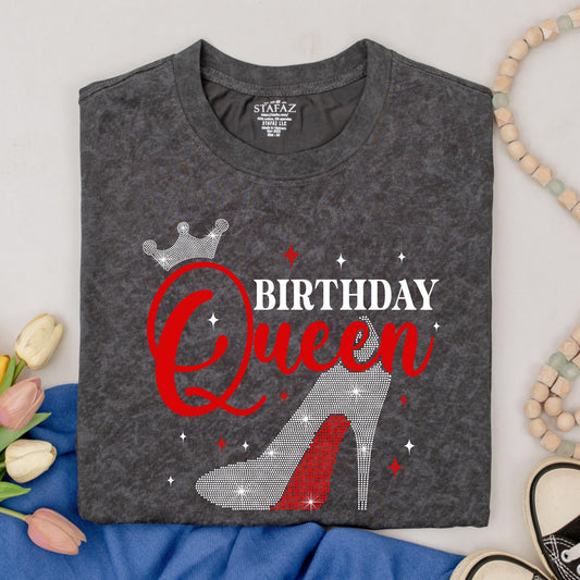 Birthday Queen Sparkle Shirt Rhinestone Crown High Heel Tee Glamorous Birthday Celebration Top for Women