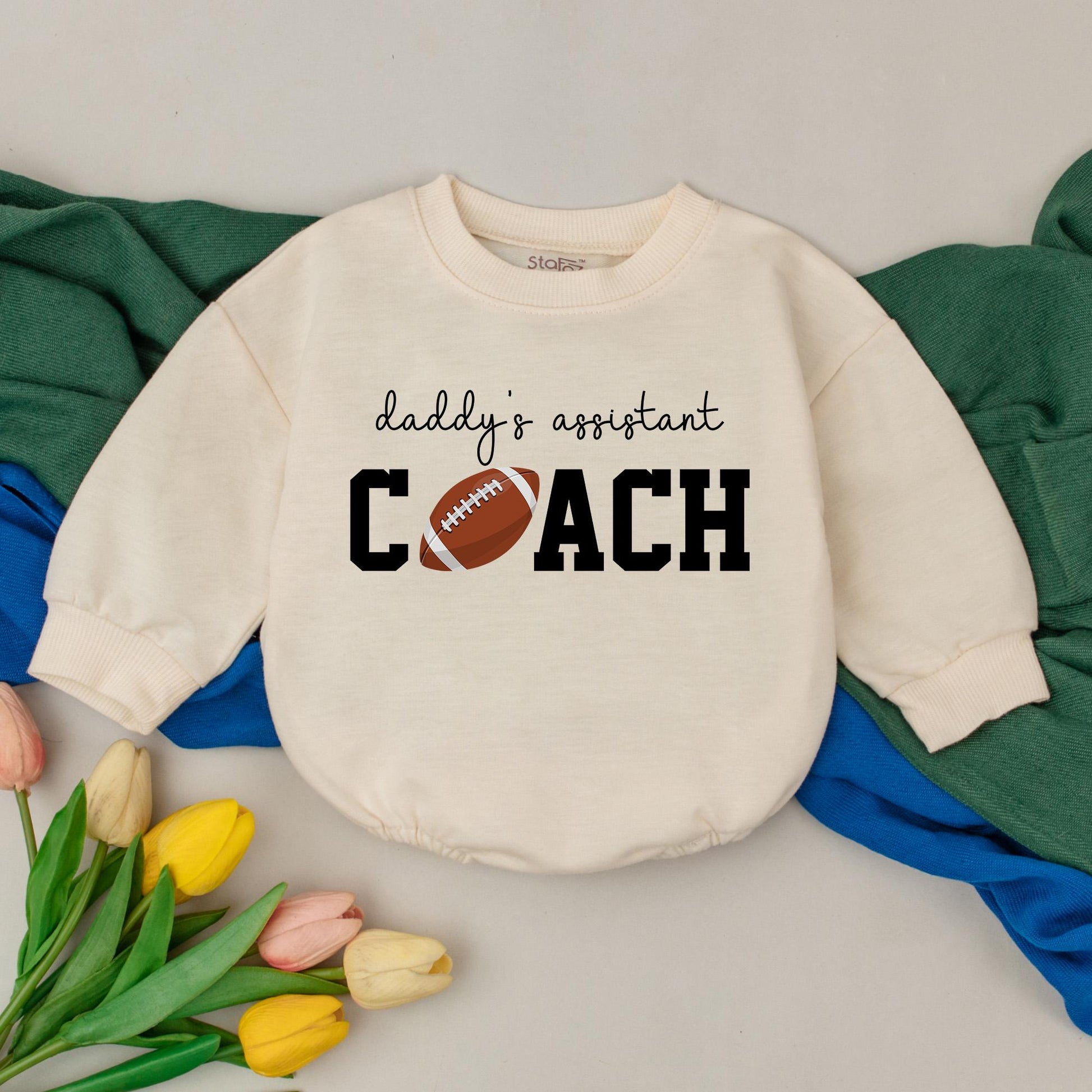 Daddy's Assistant Coach Football Romper Retro Game Day Outfit for Baby Boys Cute Fall Football Season Bodysuit First Year Toddler Fan Apparel