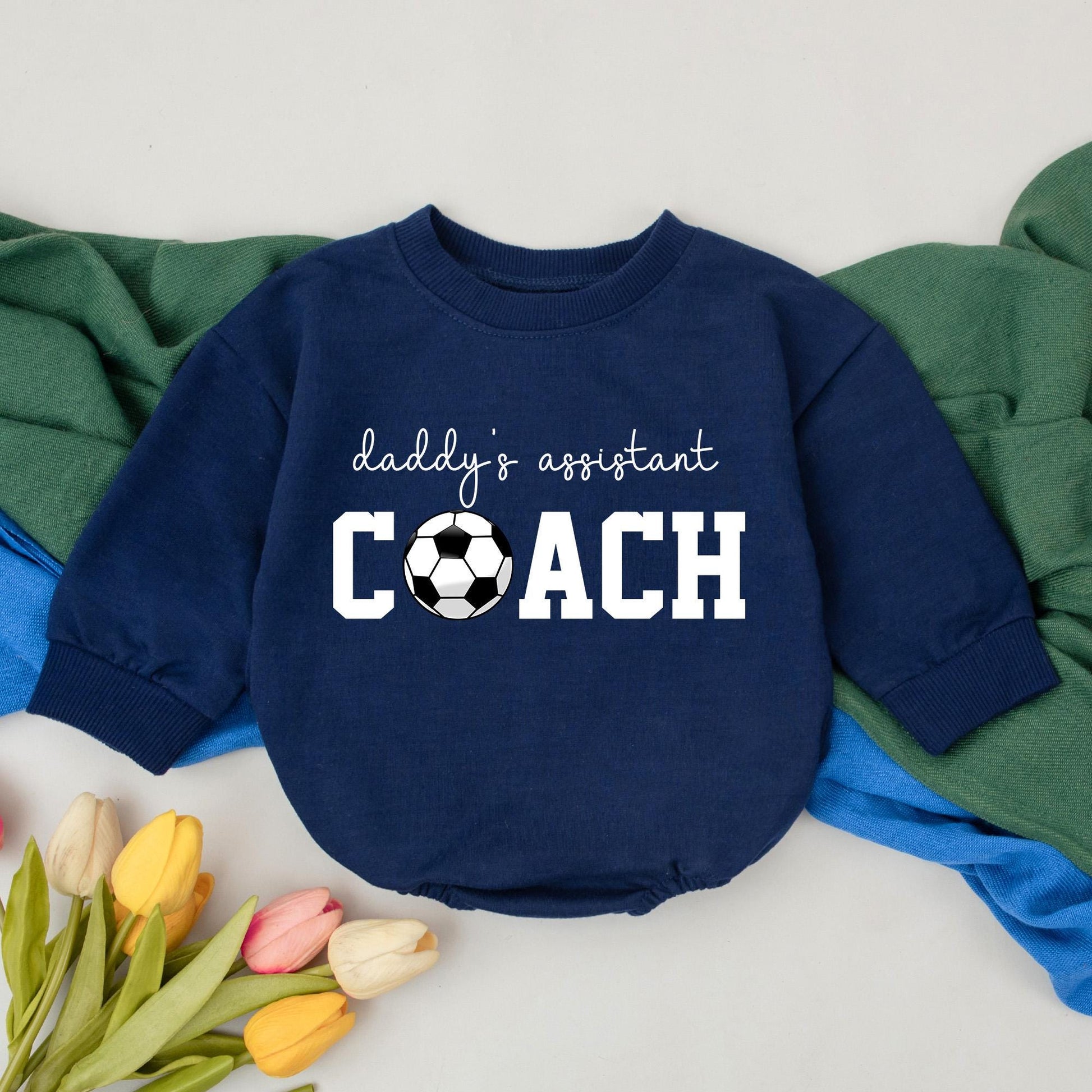 Daddy's Assistant Coach Soccer Romper Retro Gameday Bubble Outfit for Baby Boys First Soccer Season Gifts