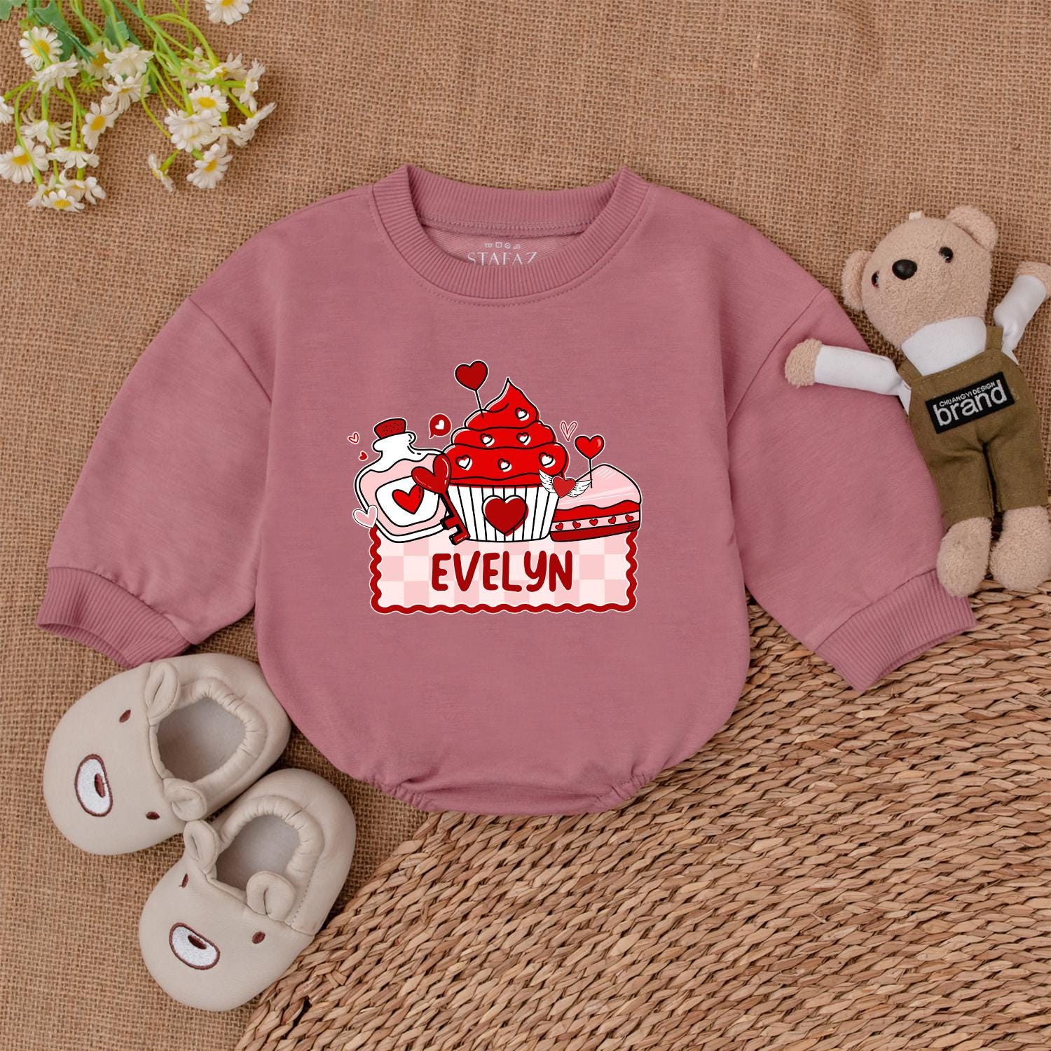 Evelyn's Sweet Valentine Cupcake & Potion Romper Personalized Name Baby Outfit Cute Red Pink Hearts Checkered Banner Gift