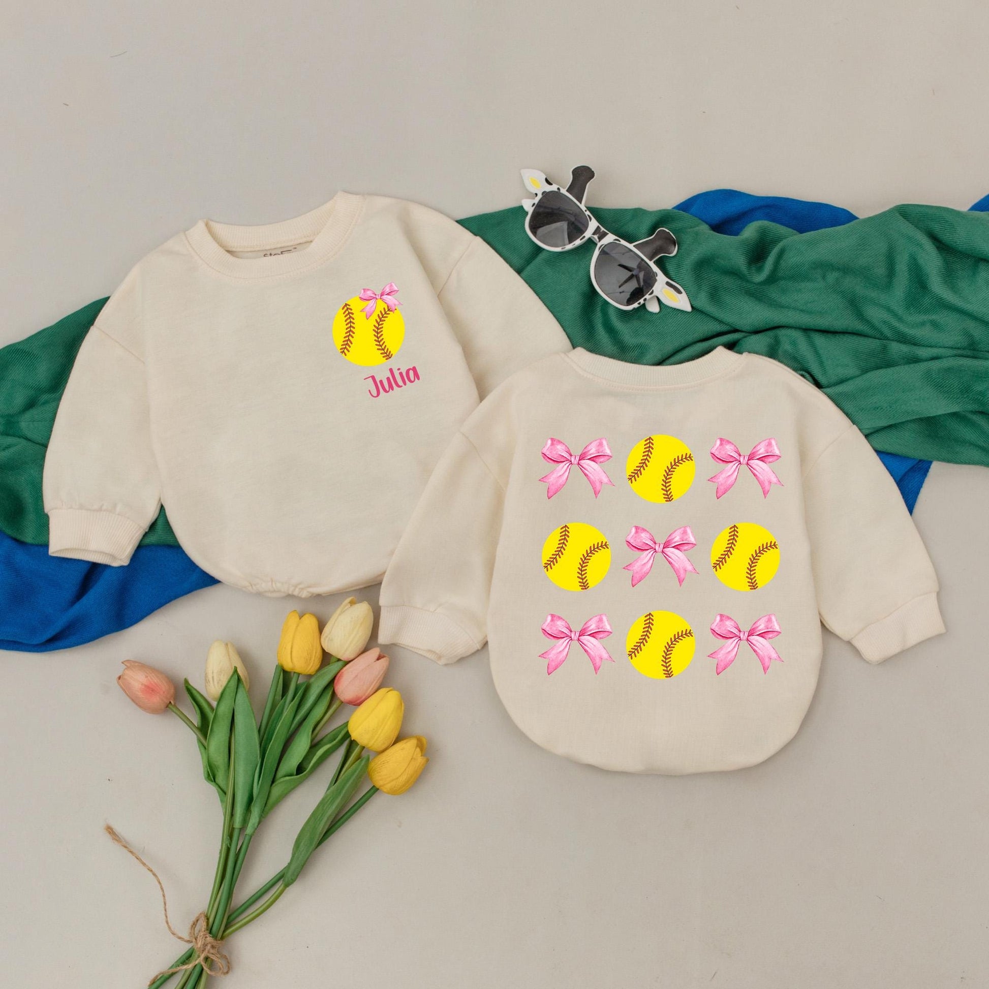 Personalized Baby Girl Softball Bubble Romper with Pink Bows Yellow Ball Julia's Name Retro Game Day Soft Cotton Birthday Gift