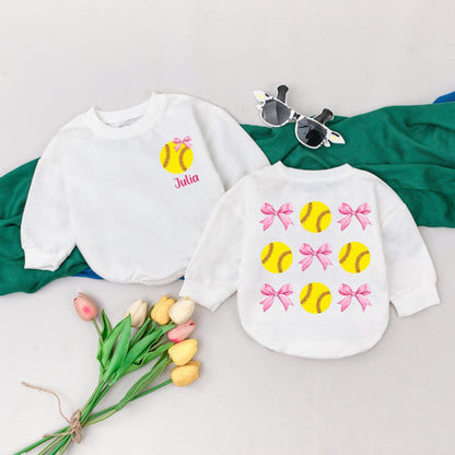 Personalized Baby Girl Softball Bubble Romper with Pink Bows Yellow Ball Julia's Name Retro Game Day Soft Cotton Birthday Gift