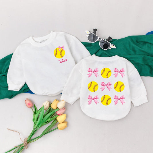 Personalized Baby Girl Softball Bubble Romper with Pink Bows Yellow Ball Julia's Name Retro Game Day Soft Cotton Birthday Gift
