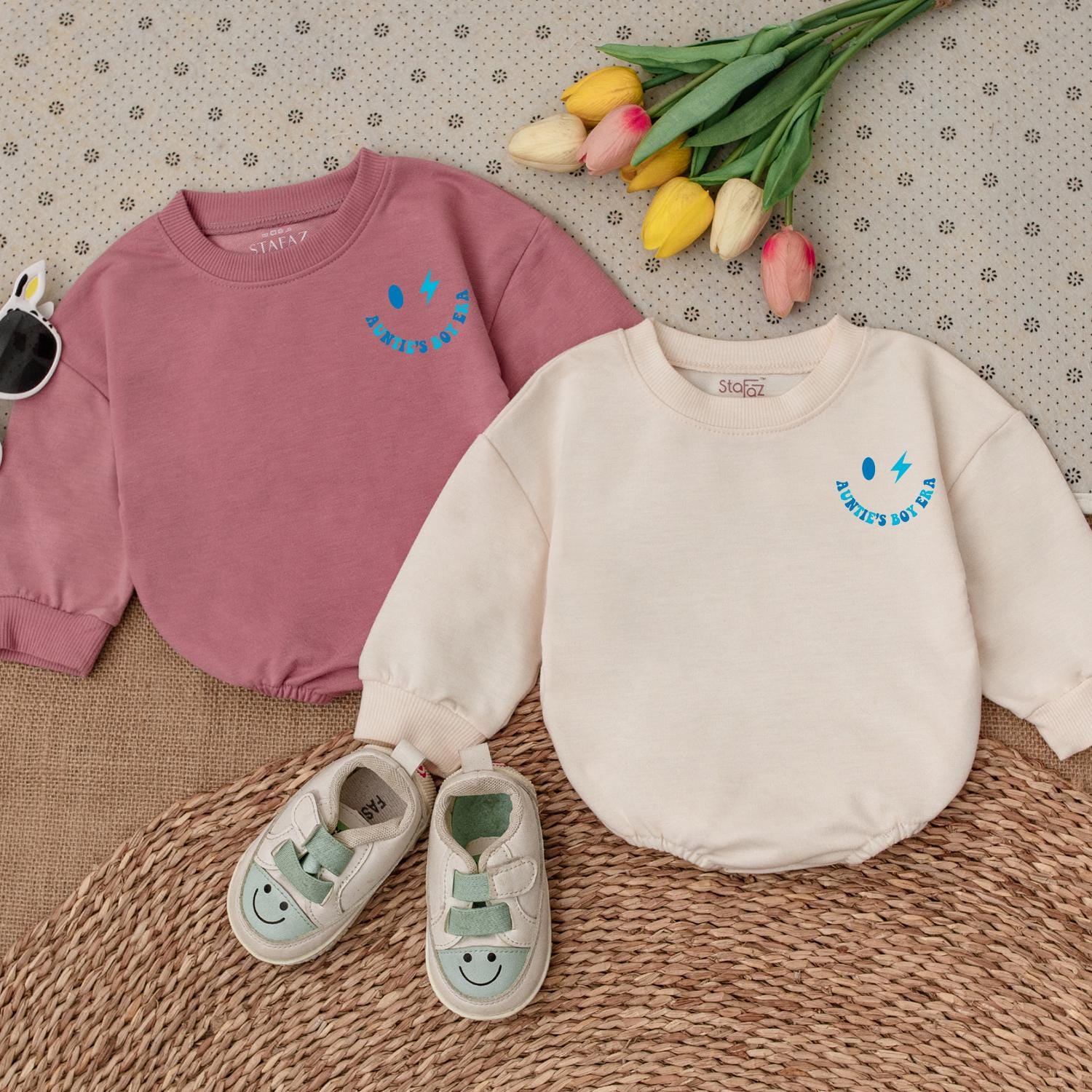 In My Auntie's Boy Era Baby Clothes Light Blue Text Whimsical Smiley Bolt Dot Floral Stars Aunt Gift Newborn Girl Outfit Baby Romper