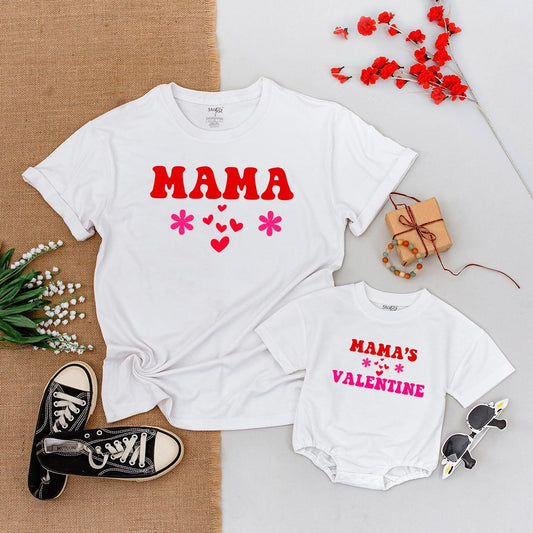 Personalized Mama & Me Valentine's Day Matching Family Outfits, Soft Baby Romper Bodysuit Tee, Vintage Love Theme Gift Set for Mom