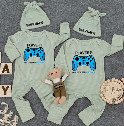 Player 1/2 Custom Name Twin Bodysuit Set: Gamer Baby Outfit, "Has Entered the Game" Newborn Romper, Funny Matching Personalized Gift for New Parents