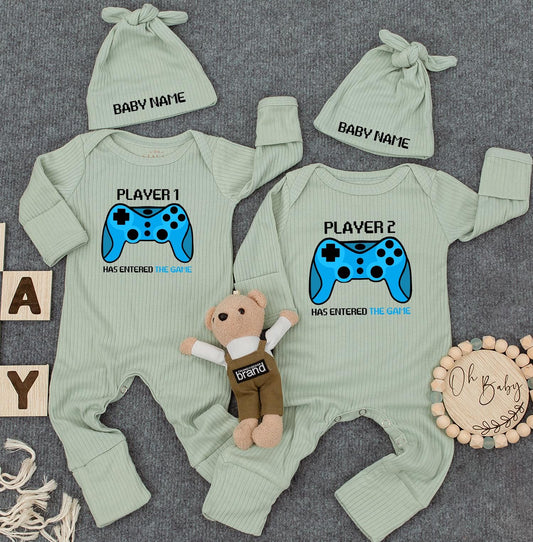 Player 1/2 Custom Name Twin Bodysuit Set: Gamer Baby Outfit, "Has Entered the Game" Newborn Romper, Funny Matching Personalized Gift for New Parents