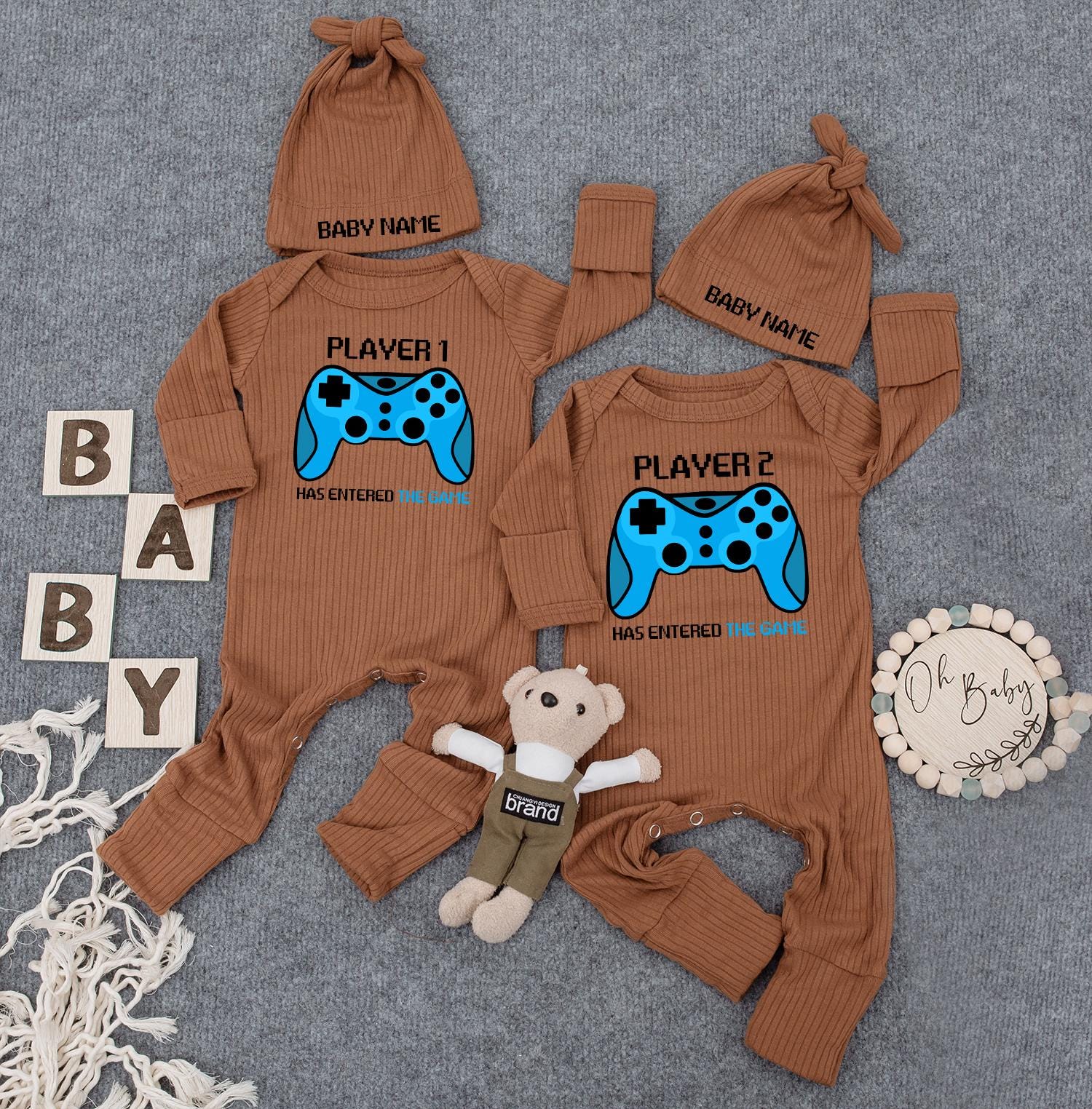 Player 1/2 Custom Name Twin Bodysuit Set: Gamer Baby Outfit, "Has Entered the Game" Newborn Romper, Funny Matching Personalized Gift for New Parents