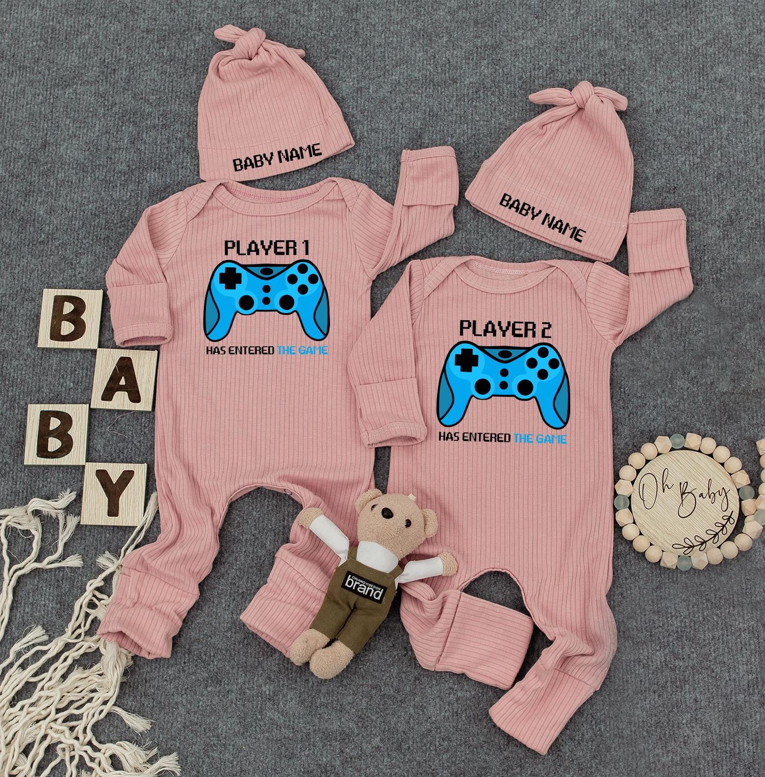 Player 1/2 Custom Name Twin Bodysuit Set: Gamer Baby Outfit, "Has Entered the Game" Newborn Romper, Funny Matching Personalized Gift for New Parents