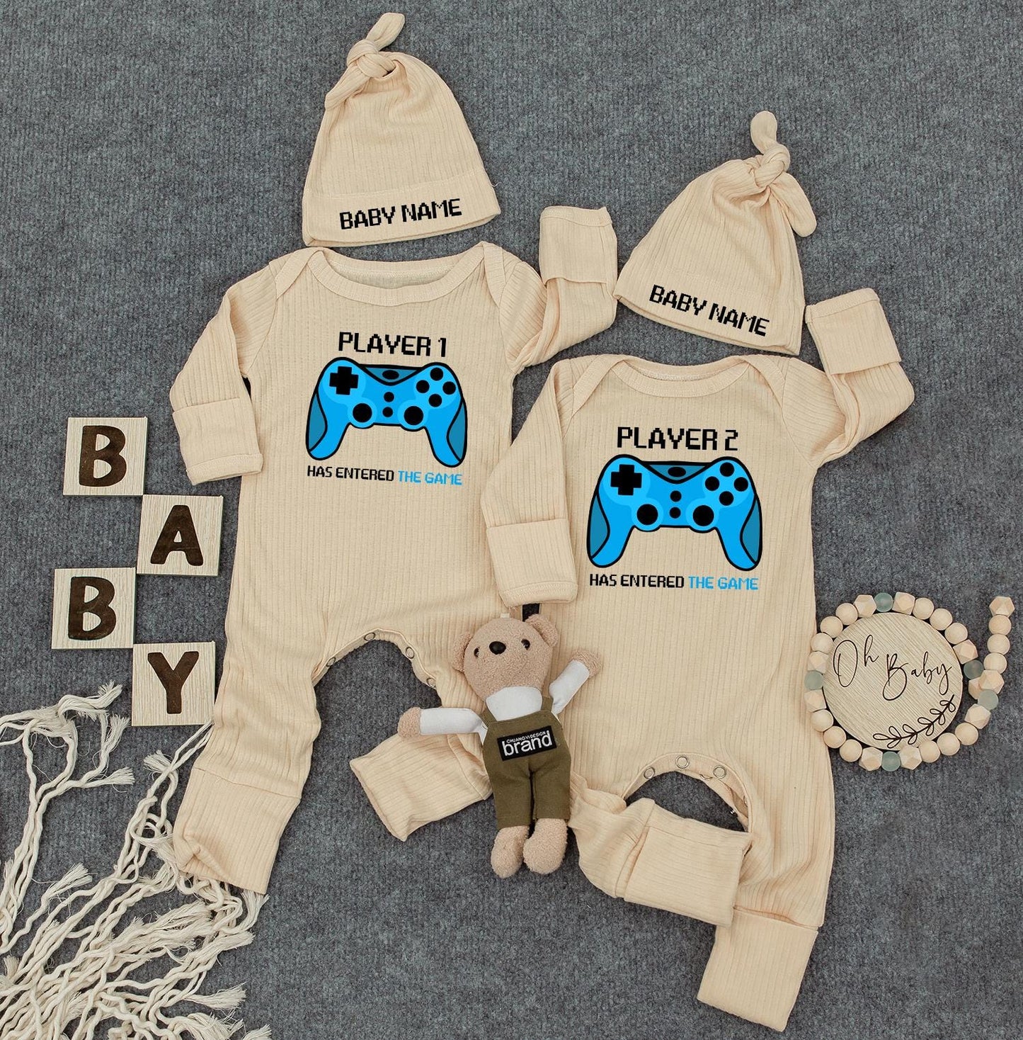 Player 1/2 Custom Name Twin Bodysuit Set: Gamer Baby Outfit, "Has Entered the Game" Newborn Romper, Funny Matching Personalized Gift for New Parents