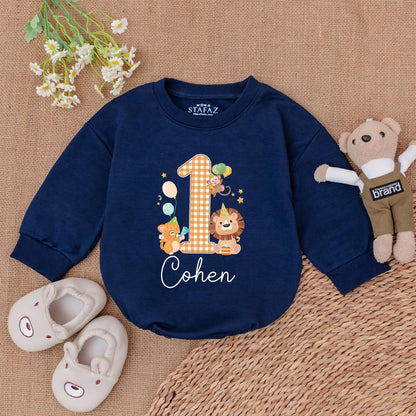 Personalized Safari Wild One Birthday Romper for Baby Boy or Girl Featuring a Gingham '1' and Adorable Safari Animals in Warm Tones, 'Cohen' Cursive Name Detail, Perfect for Zoo Animal First Birthday Celebrations