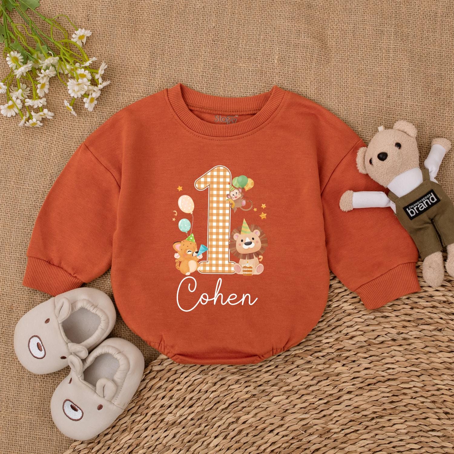 Personalized Safari Wild One Birthday Romper for Baby Boy or Girl Featuring a Gingham '1' and Adorable Safari Animals in Warm Tones, 'Cohen' Cursive Name Detail, Perfect for Zoo Animal First Birthday Celebrations