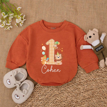 Personalized Safari Wild One Birthday Romper for Baby Boy or Girl Featuring a Gingham '1' and Adorable Safari Animals in Warm Tones, 'Cohen' Cursive Name Detail, Perfect for Zoo Animal First Birthday Celebrations
