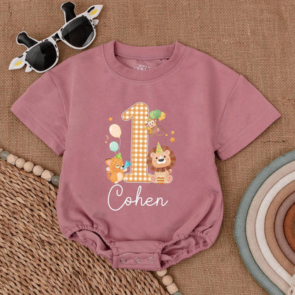 Personalized Safari Wild One Birthday Romper for Baby Boy or Girl Featuring a Gingham '1' and Adorable Safari Animals in Warm Tones, 'Cohen' Cursive Name Detail, Perfect for Zoo Animal First Birthday Celebrations