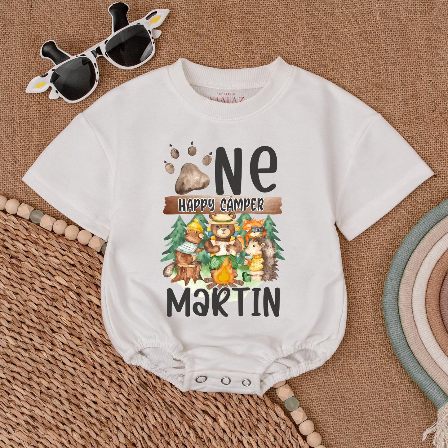 Personalized One Happy Camper 1st Birthday Romper Baby Boy Outfit Camping Theme Gift Neutral Bubble Romper