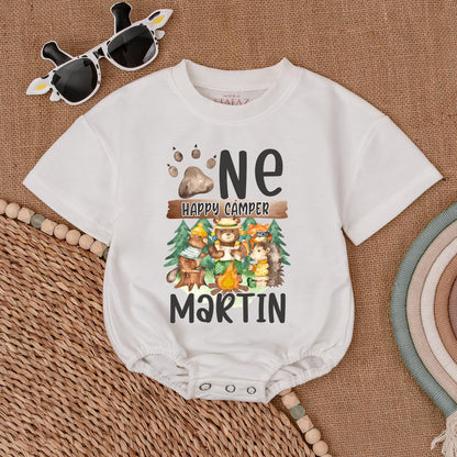 Personalized One Happy Camper 1st Birthday Romper Baby Boy Outfit Camping Theme Gift Neutral Bubble Romper