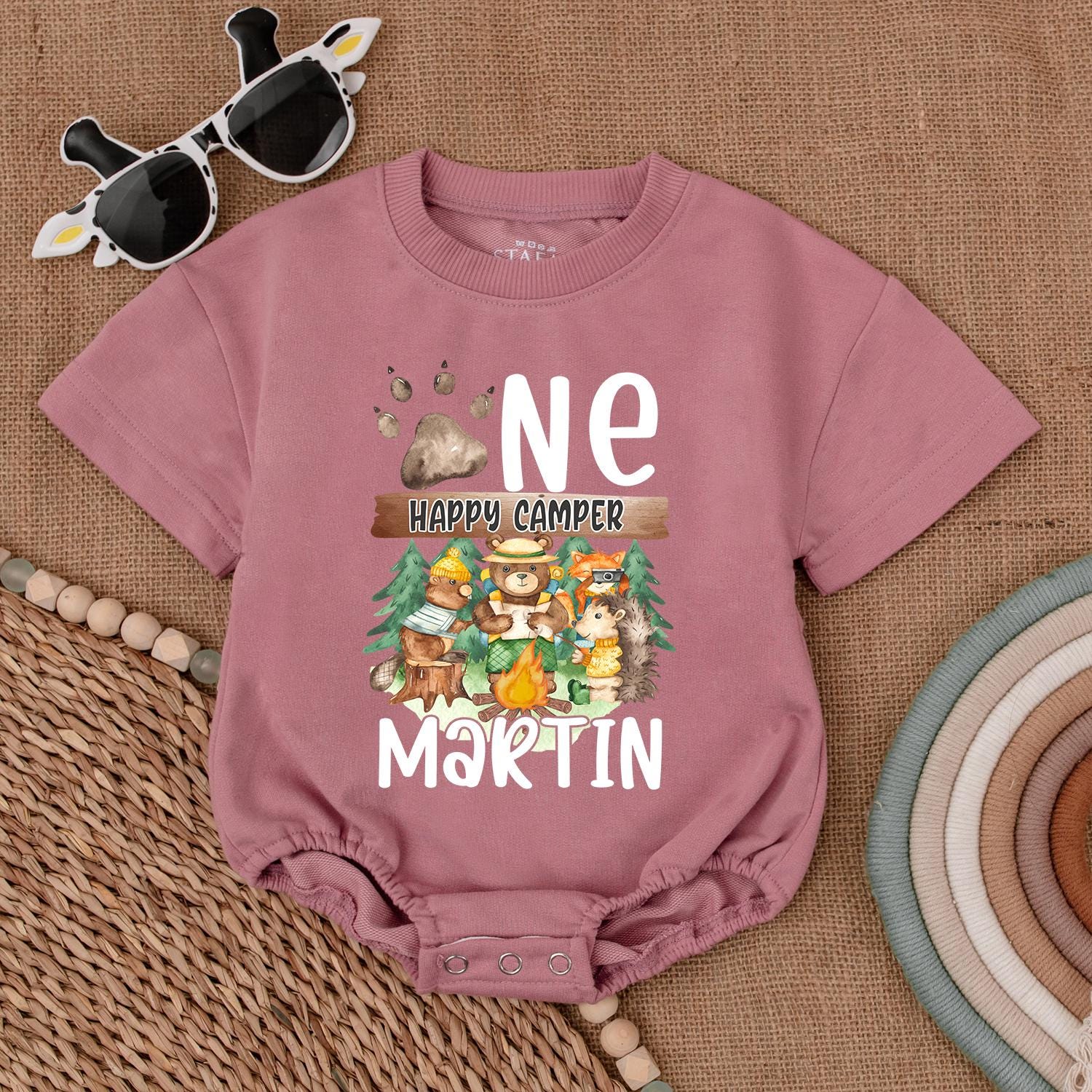 Personalized One Happy Camper 1st Birthday Romper Baby Boy Outfit Camping Theme Gift Neutral Bubble Romper