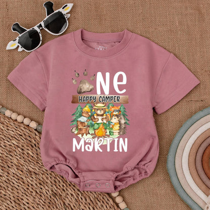Personalized One Happy Camper 1st Birthday Romper Baby Boy Outfit Camping Theme Gift Neutral Bubble Romper