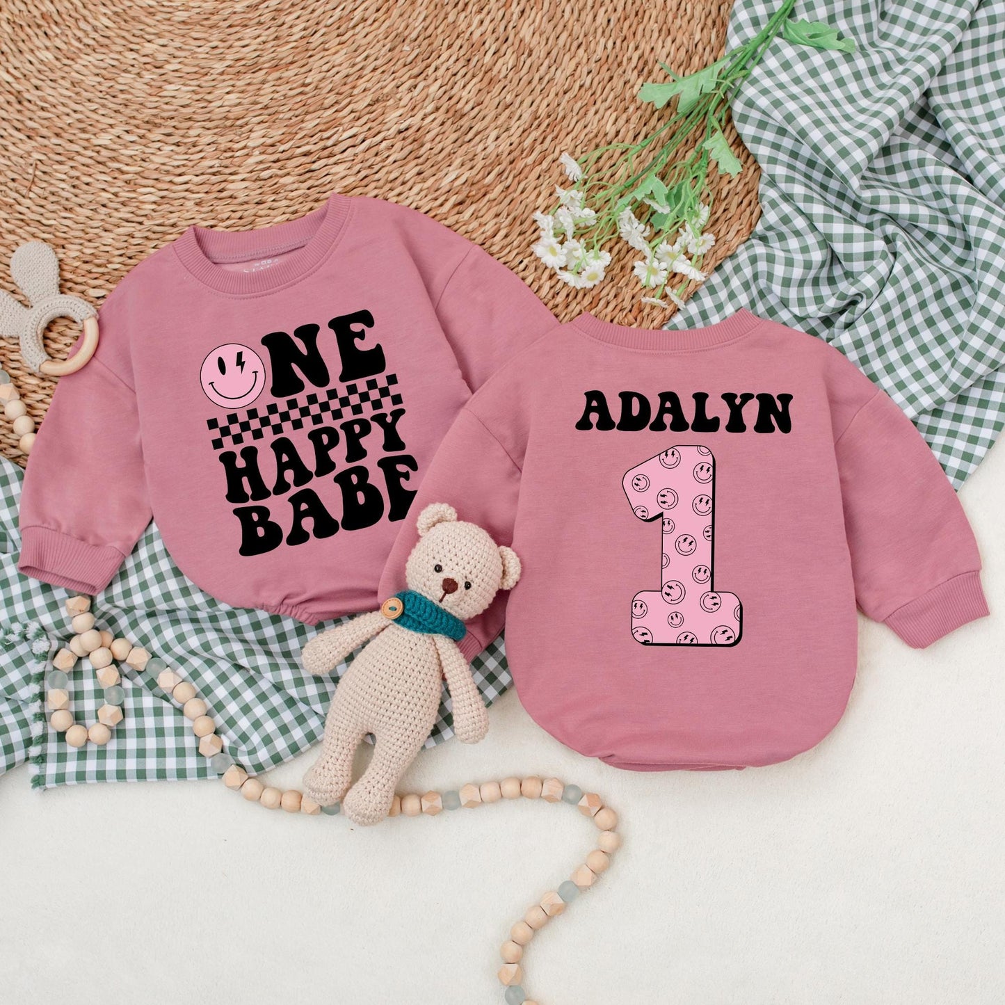 Personalized One Happy Babe Romper with Smiley Face & Checkered Stripe, Baby Girl 1st Birthday Outfit, Adalyn 1 Romper, Cake Smash
