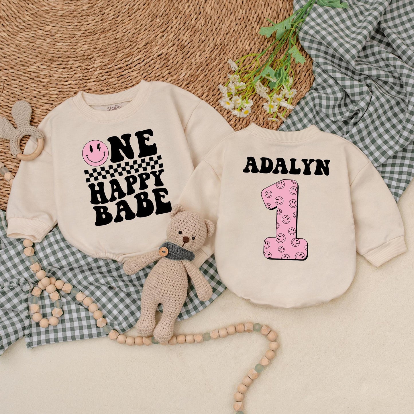Personalized One Happy Babe Romper with Smiley Face & Checkered Stripe, Baby Girl 1st Birthday Outfit, Adalyn 1 Romper, Cake Smash