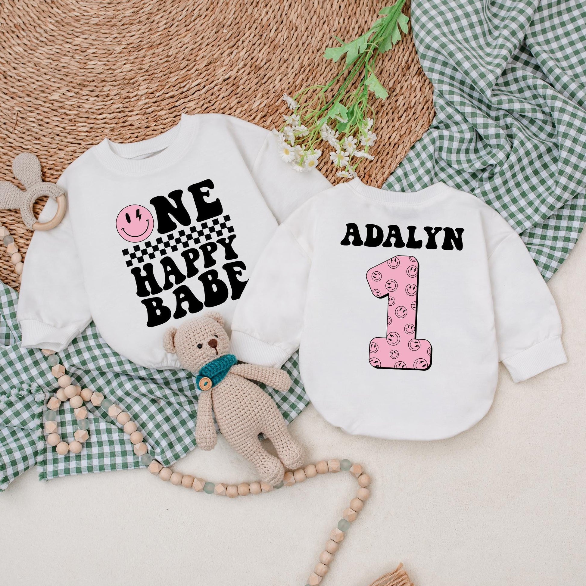 Personalized One Happy Babe Romper with Smiley Face & Checkered Stripe, Baby Girl 1st Birthday Outfit, Adalyn 1 Romper, Cake Smash