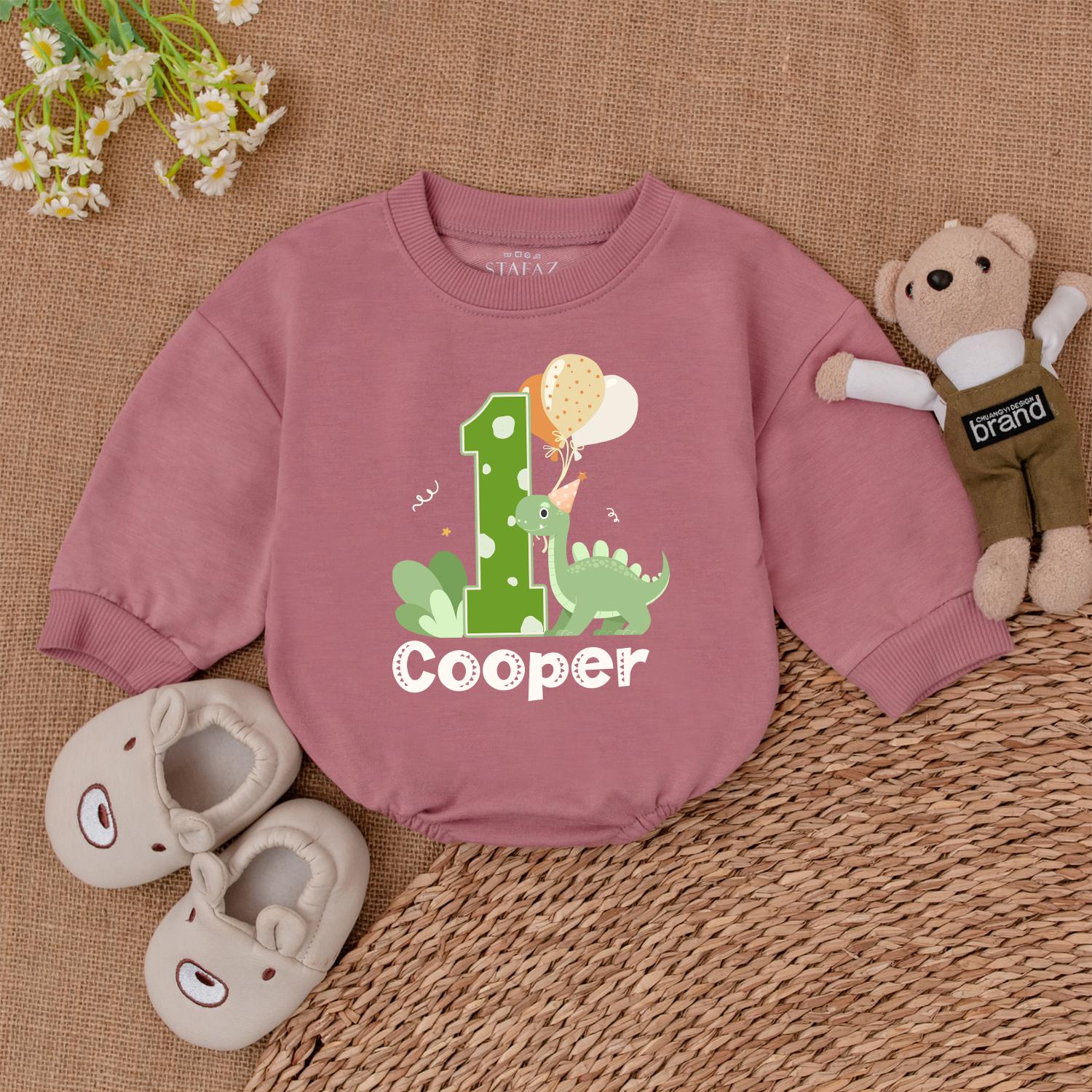 Personalized Dinosaur 1st Birthday Romper Green Polka Dot '1' Cute Dino Balloons Baby Boy Outfit for First Birthday Celebration