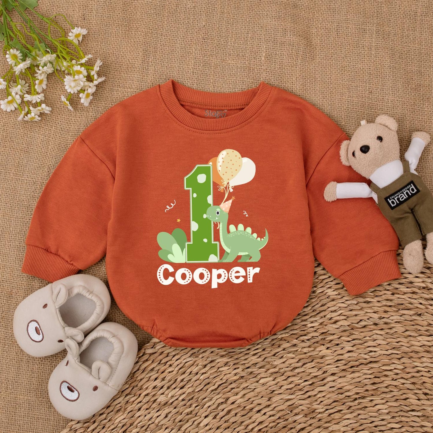 Personalized Dinosaur 1st Birthday Romper Green Polka Dot '1' Cute Dino Balloons Baby Boy Outfit for First Birthday Celebration