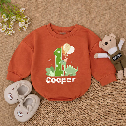 Personalized Dinosaur 1st Birthday Romper Green Polka Dot '1' Cute Dino Balloons Baby Boy Outfit for First Birthday Celebration