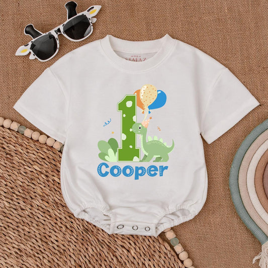 Personalized Dinosaur 1st Birthday Romper Green Polka Dot '1' Cute Dino Balloons Baby Boy Outfit for First Birthday Celebration