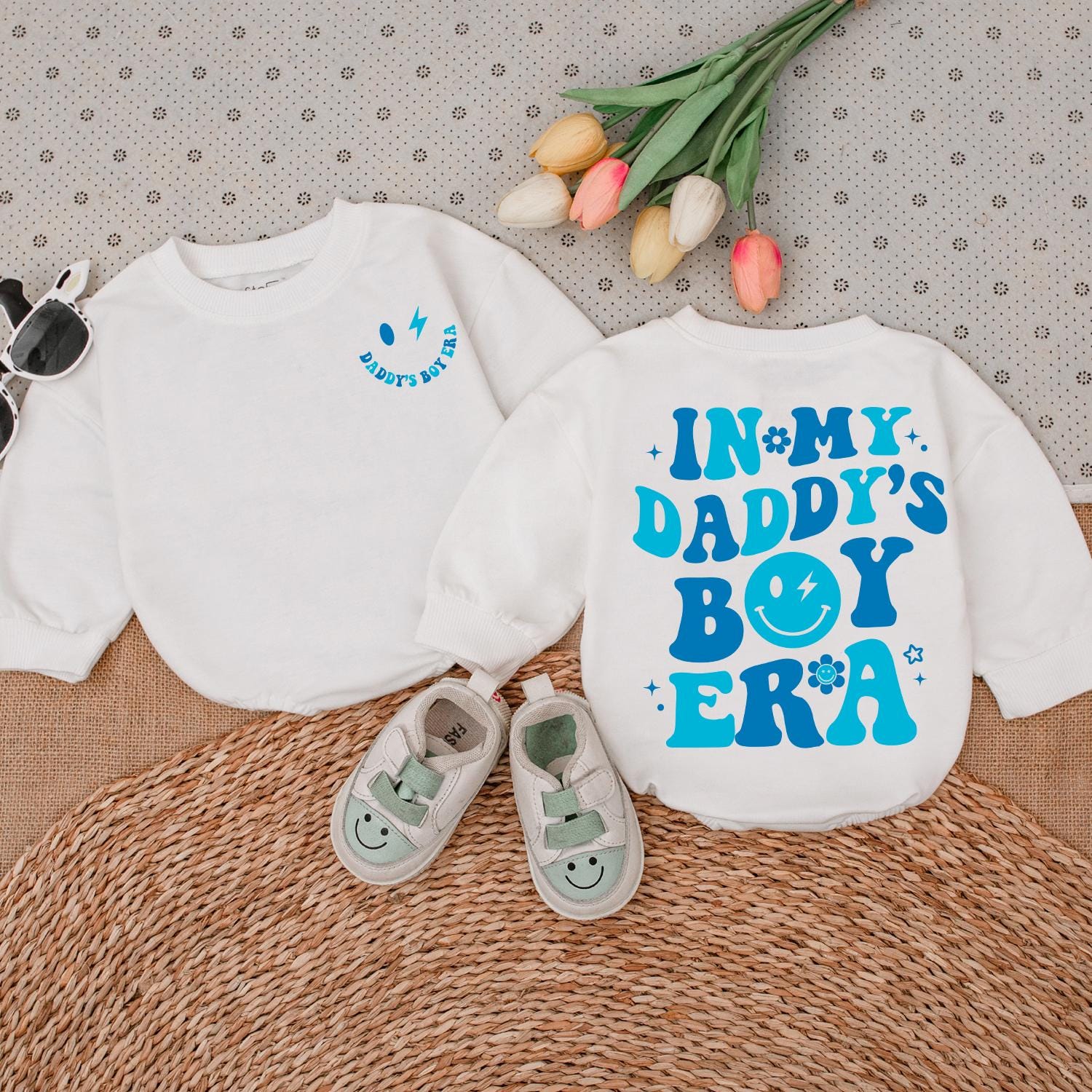 Daddy's Boy Era Baby Outfit, Cute Blue Print Newborn Romper with Smiley Lightning Bolt, Fun Infant Shower Gift, Daddy & Son Photos Clothes 136