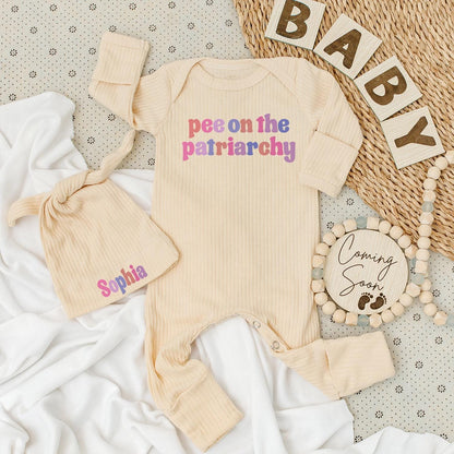 Pee On The Patriarchy Baby Bodysuit Hat Set Funny Feminist Outfit Long Sleeve Romper Unique Baby Shower Newborn Gender Neutral Gift Idea Soft Cotton