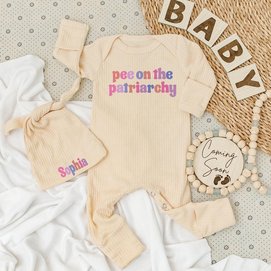 Pee On The Patriarchy Baby Bodysuit Hat Set Funny Feminist Outfit Long Sleeve Romper Unique Baby Shower Newborn Gender Neutral Gift Idea Soft Cotton