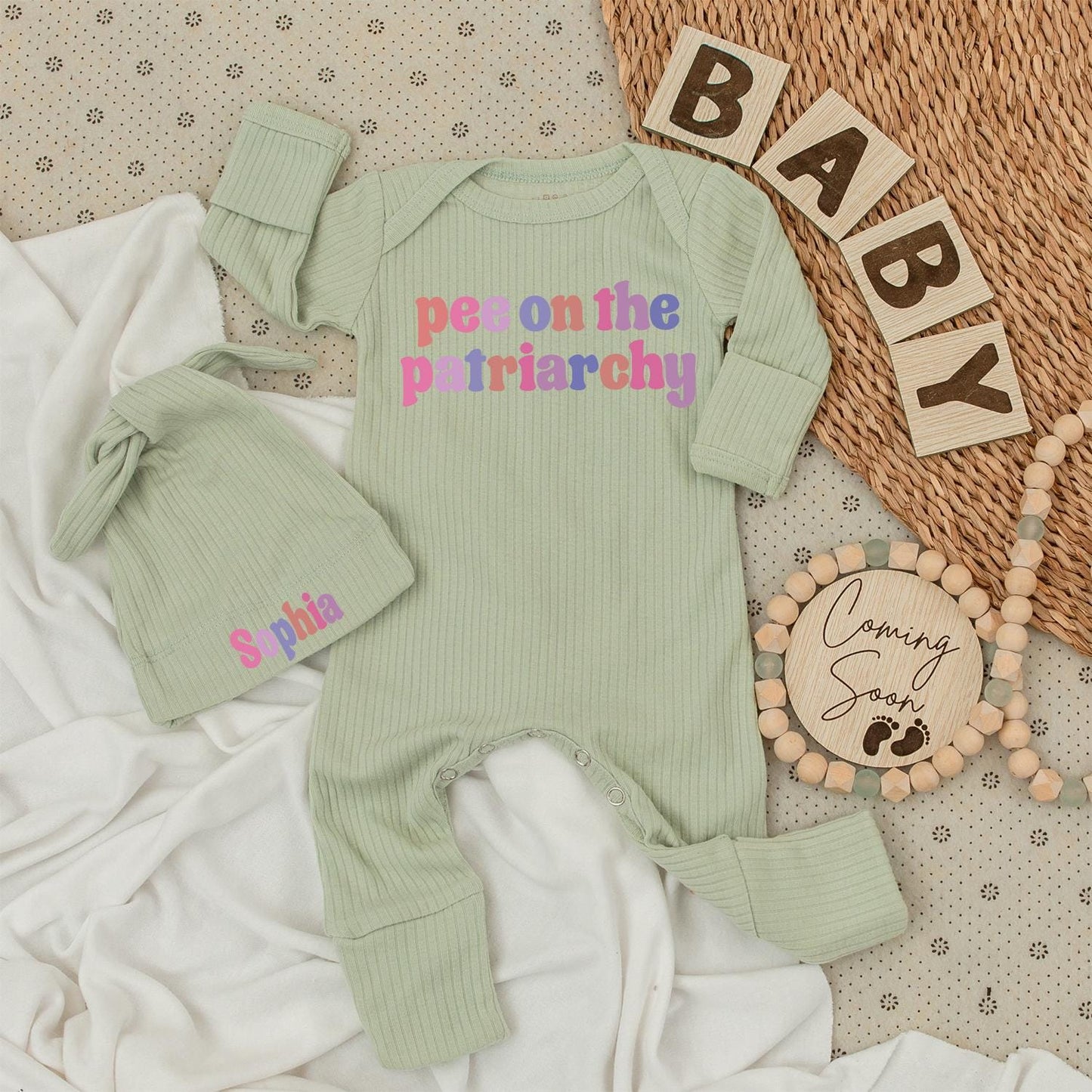 Pee On The Patriarchy Baby Bodysuit Hat Set Funny Feminist Outfit Long Sleeve Romper Unique Baby Shower Newborn Gender Neutral Gift Idea Soft Cotton