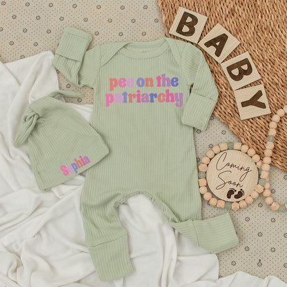Pee On The Patriarchy Baby Bodysuit Hat Set Funny Feminist Outfit Long Sleeve Romper Unique Baby Shower Newborn Gender Neutral Gift Idea Soft Cotton