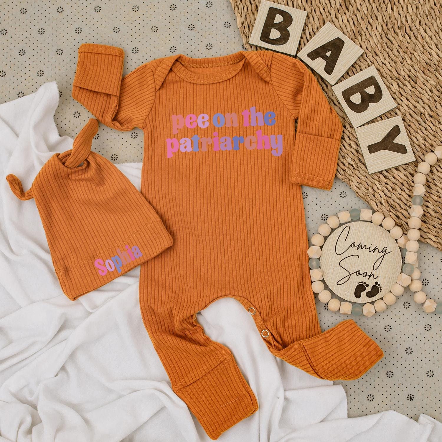 Pee On The Patriarchy Baby Bodysuit Hat Set Funny Feminist Outfit Long Sleeve Romper Unique Baby Shower Newborn Gender Neutral Gift Idea Soft Cotton