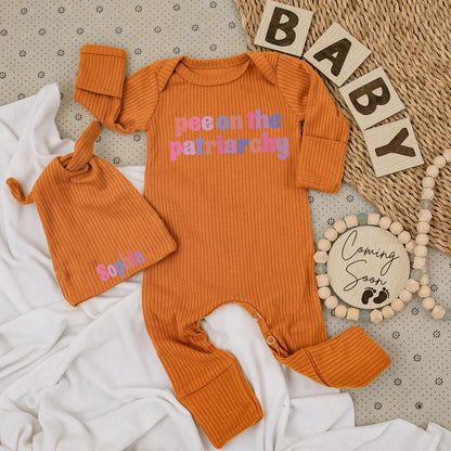 Pee On The Patriarchy Baby Bodysuit Hat Set Funny Feminist Outfit Long Sleeve Romper Unique Baby Shower Newborn Gender Neutral Gift Idea Soft Cotton