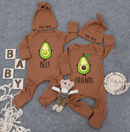 Cute Twins Outfits, Best Friends Avocado Twin Baby Bodysuit Set with Custom Name Hats, Newborn Twin Outfits 