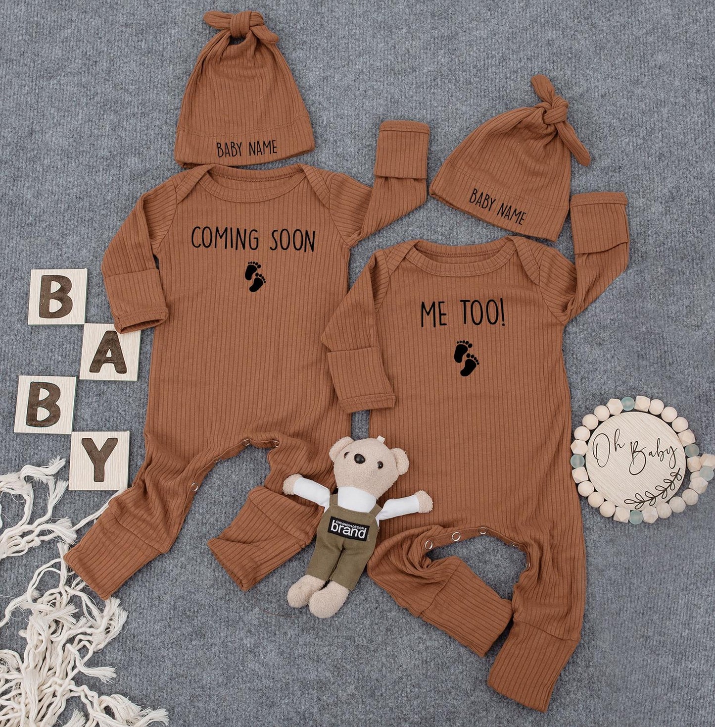 Coming Soon Me Too Twin Baby Bodysuit & Hats: Custom Name Footprint Design Newborn Outfit, Cute Twins Gift for New Mom